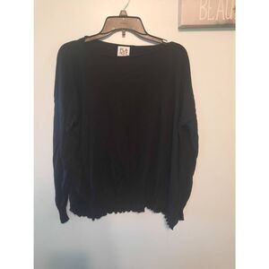 Planet by Lauren G Black One Size Fits All Boat neck Sweater with Ruffle Hem